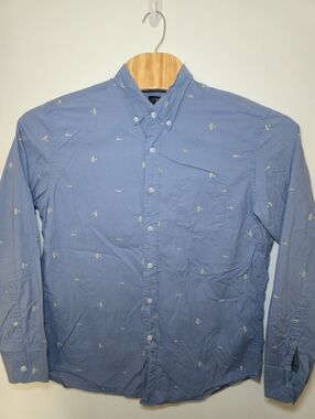 J Crew Long Sleeve Cotton Button Down Shirt Mens Large Blue all Over Airplane